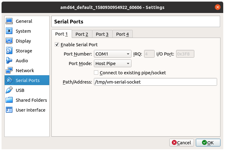 VirtualBox Serial Port Setting